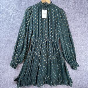 OPT Dress Medium Ruffle Cuffed Shirred Stretch Waist Green Gold Modest Boho‎